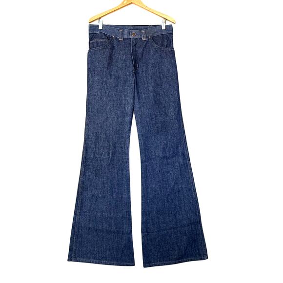 VTG 70s Flare Jeans Mens 33x35 Blue Dark Wash Denim Festival Boho Western - Picture 1 of 9